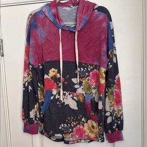 White Birch Floral Colorblock Hoodie Medium